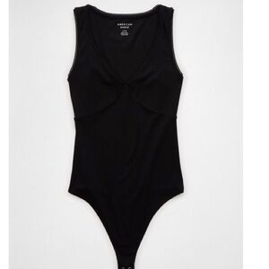 American Eagle Vneck Bodysuit Ribbed Black Lace Trim Size Small